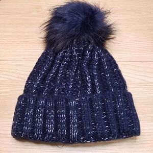 KYI KYI CANADA Womens Hat Blue Beanie Fold Up Chunky Knit Faux Fur Pom Pom $65